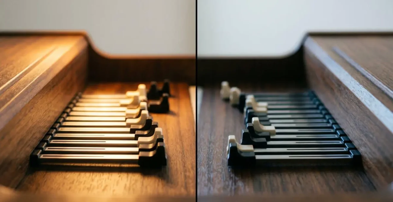 Close-up view of Hammond organ drawbar array and percussion controls showing different positional settings