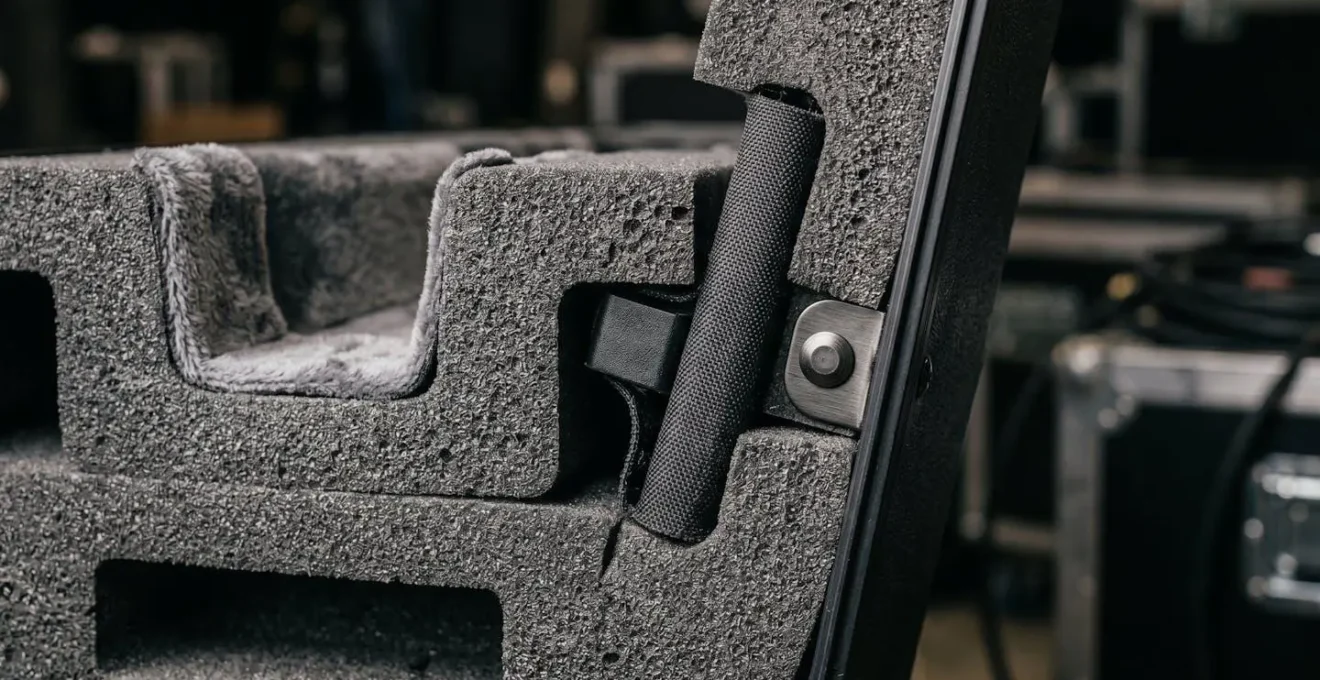 Modern hybrid guitar case design showcasing rigid foam structure and protective interior for touring musicians
