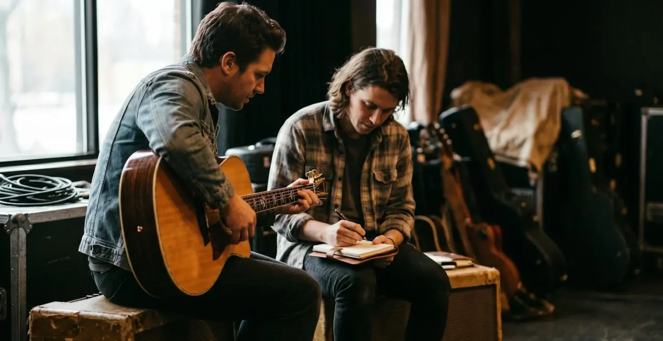Two indie musicians collaborating backstage with acoustic instruments in warm natural light