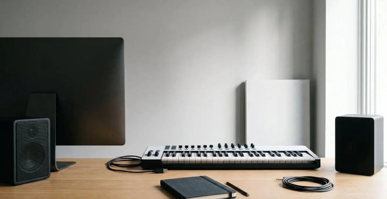Wide environmental shot of a home music production studio, showing a clean workspace with soft natural light, creating a contemplative atmosphere.
