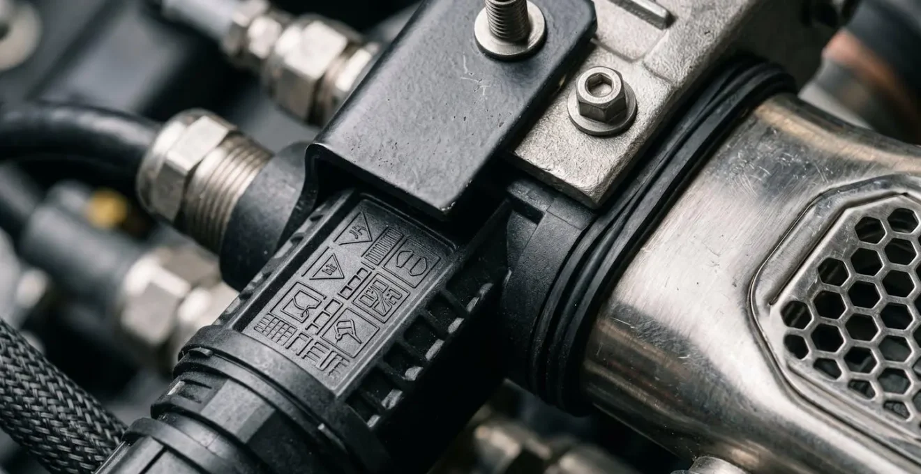 Extreme close-up detail of modern festival infrastructure components showing engineered precision and regulatory compliance