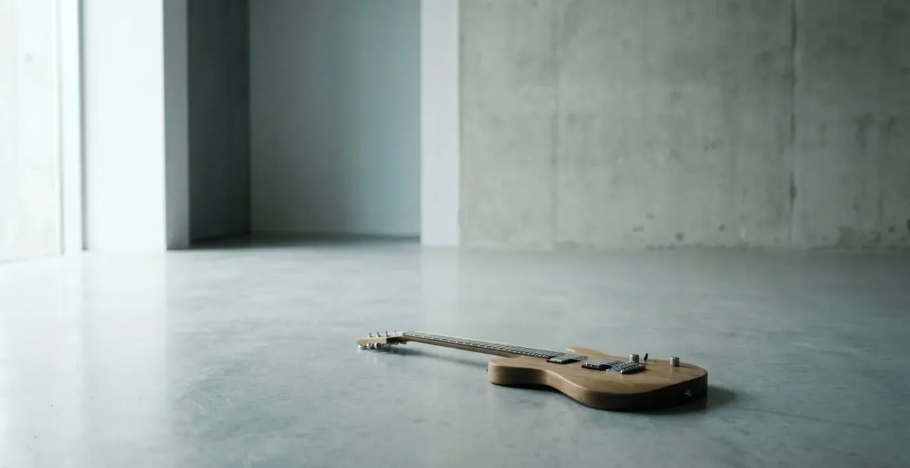 Wide environmental shot of solitary guitar in vast empty space emphasizing silence and narrative pause
