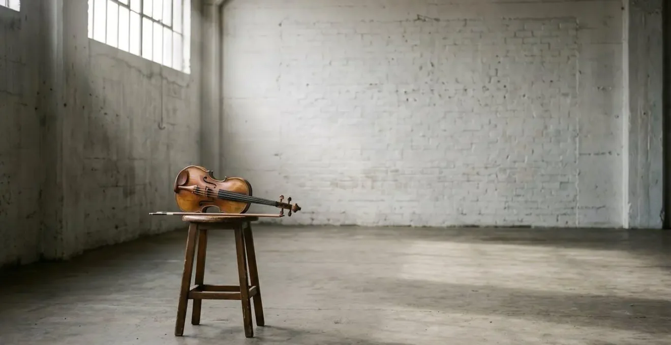 Single violin in vast empty studio space representing the power of subtraction in arrangement