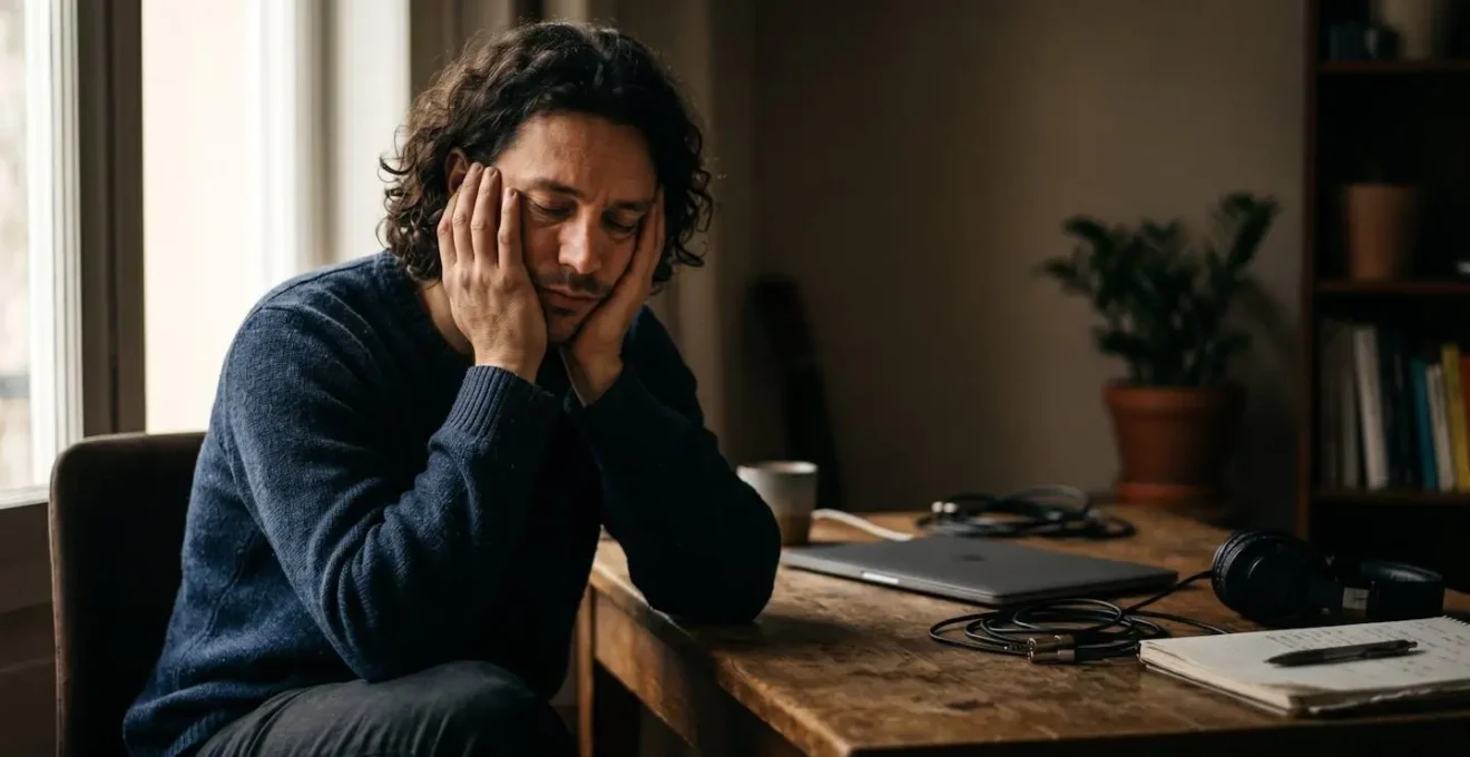 Musician experiencing creative burnout and overwhelming pressure from wearing all hats
