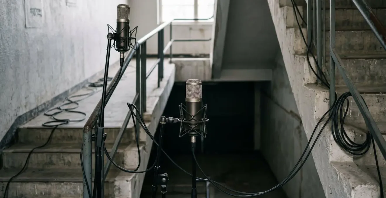 Spaced pair of omnidirectional microphones positioned in concrete stairwell capturing natural drum ambience and reflections