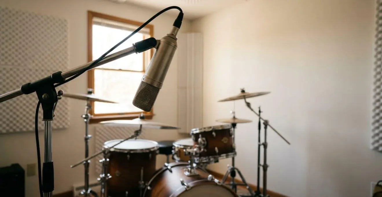 Single condenser microphone positioned over drummer's right shoulder pointing toward snare drum in home studio