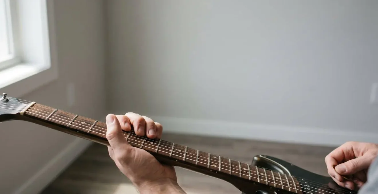Environmental wide shot showing a guitarist's hands navigating between major and minor pentatonic positions on fretboard