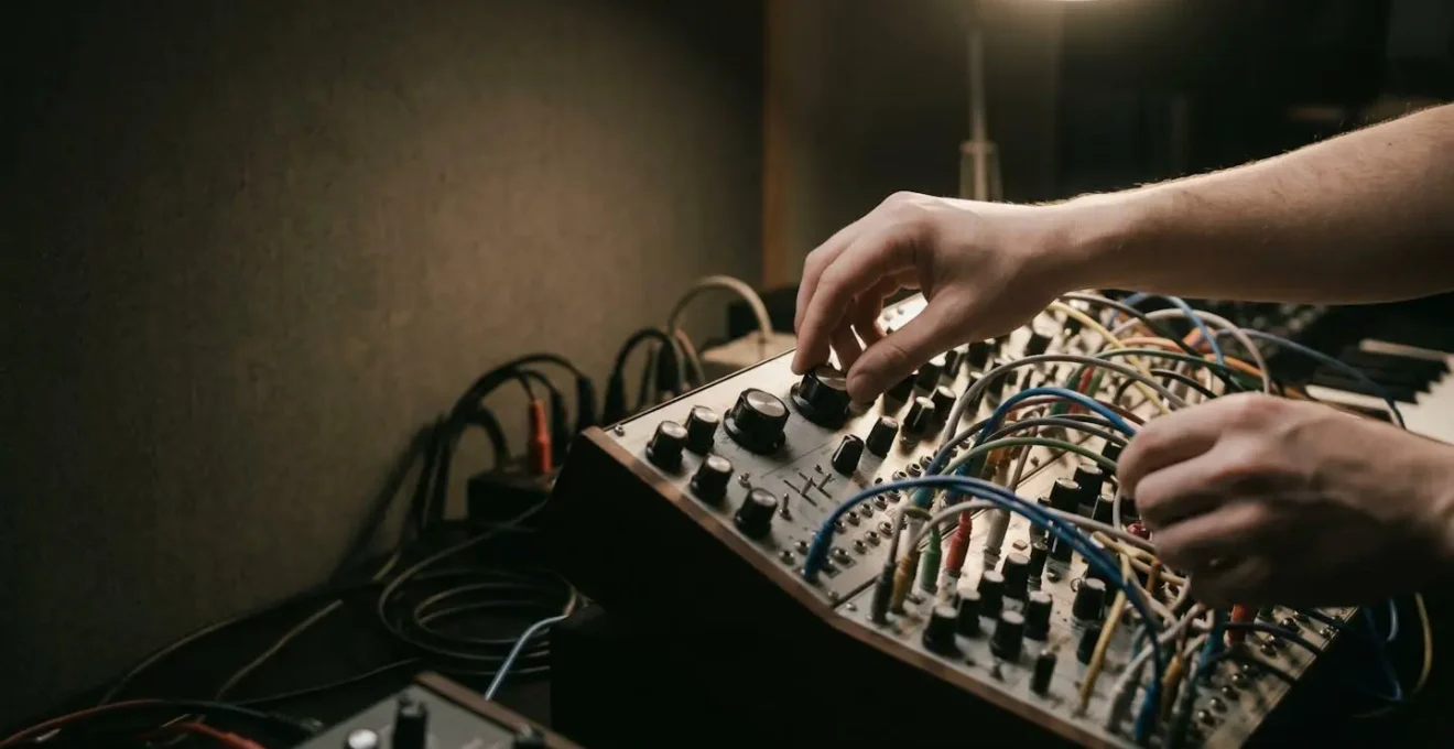 Atmospheric wide shot of modular synthesizer environment with mysterious lighting