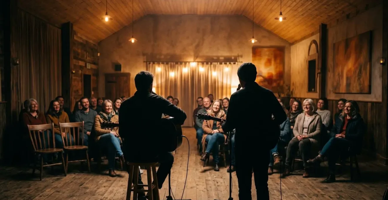 Environmental shot showing relationship between performers and engaged audience with visible energy and connection