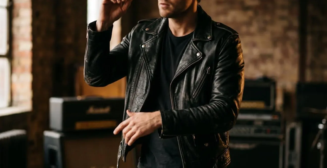 Environmental shot of a person wearing a leather jacket in a dynamic pose suggesting musical performance, captured in atmospheric lighting