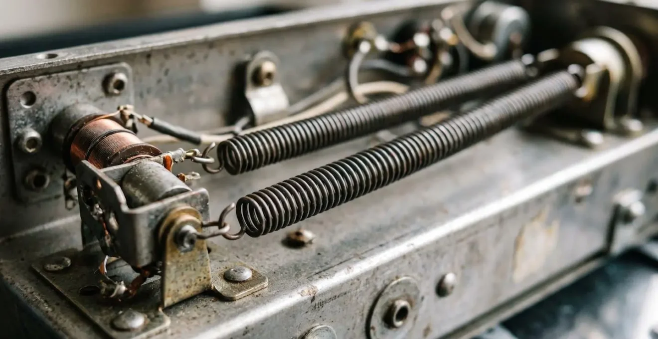Vintage spring reverb tank mechanism showing coiled metal springs and transducer pickup system for surf guitar drip tone