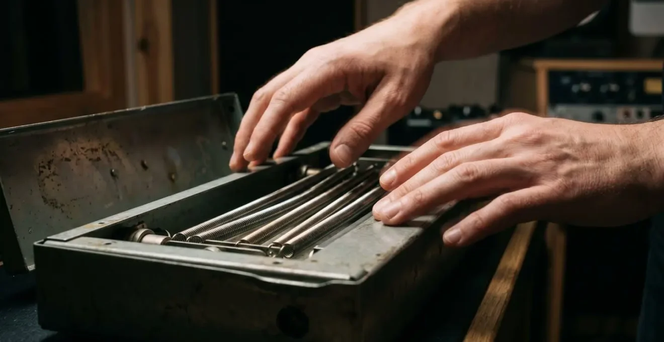 Hands physically tapping and manipulating spring reverb tank creating otherworldly psychedelic sound textures and mechanical artifacts