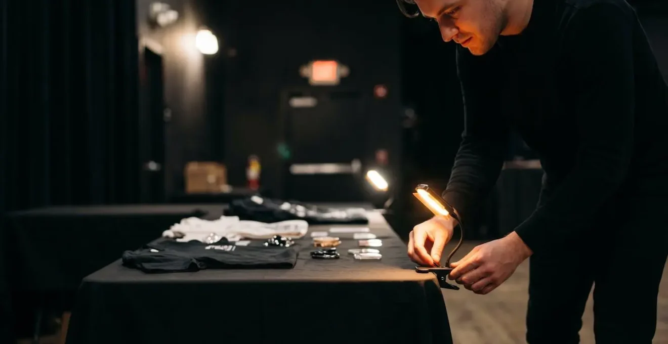 Professional merchandise table lighting setup showing strategic illumination design for post-show sales at music venue