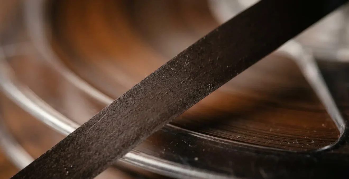Intimate macro photograph capturing the physical texture of magnetic tape surface with shallow depth of field emphasizing organic imperfections