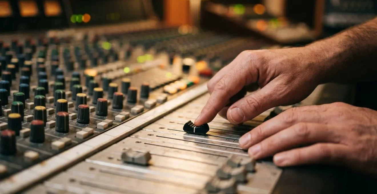 Close-up symbolic photograph showing hands operating analog mixing controls with intentional gesture suggesting decisive creative commitment