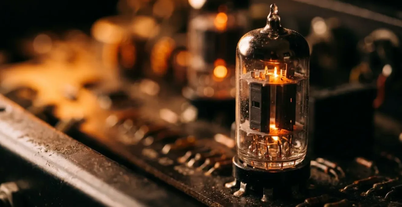 Close-up view of vacuum tubes glowing inside a guitar amplifier power stage