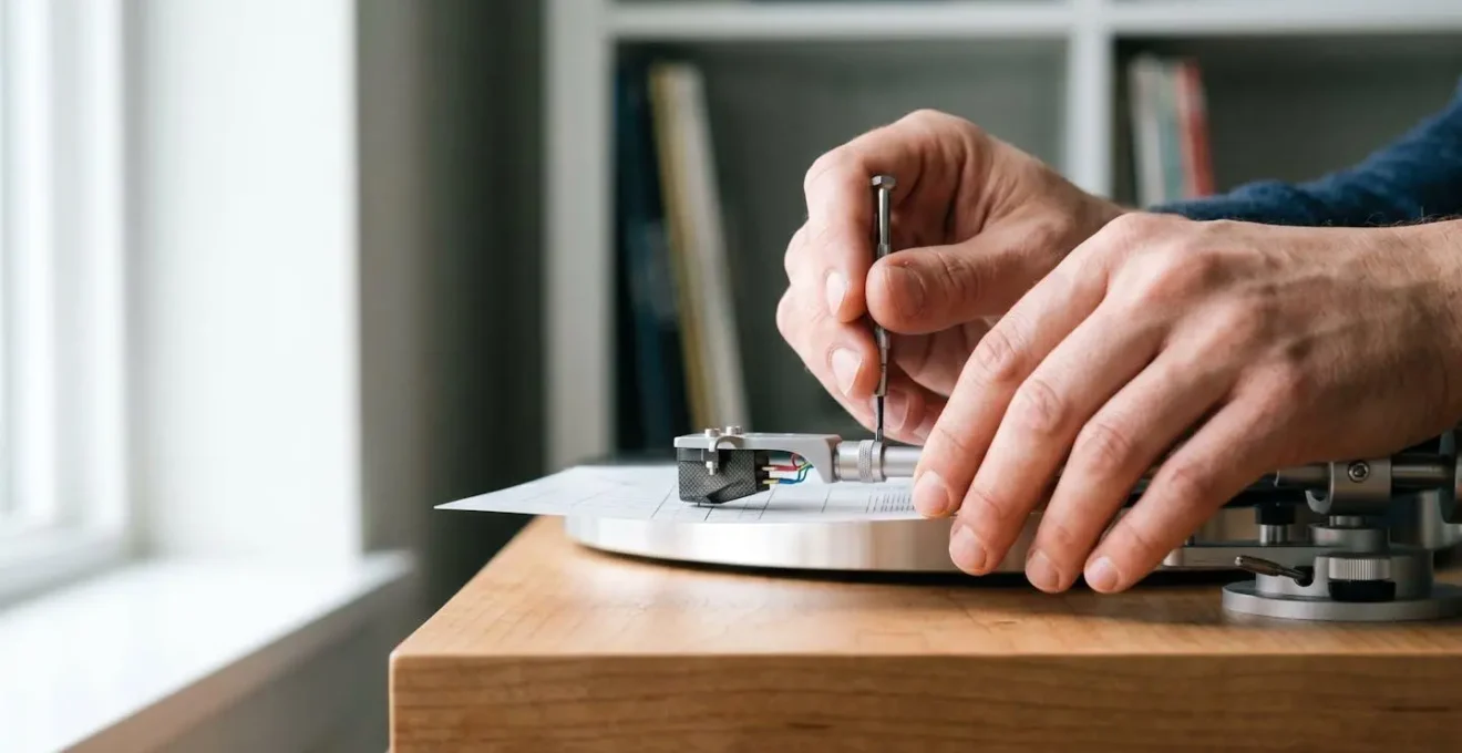Precision turntable cartridge alignment using protractor for optimal tracking geometry