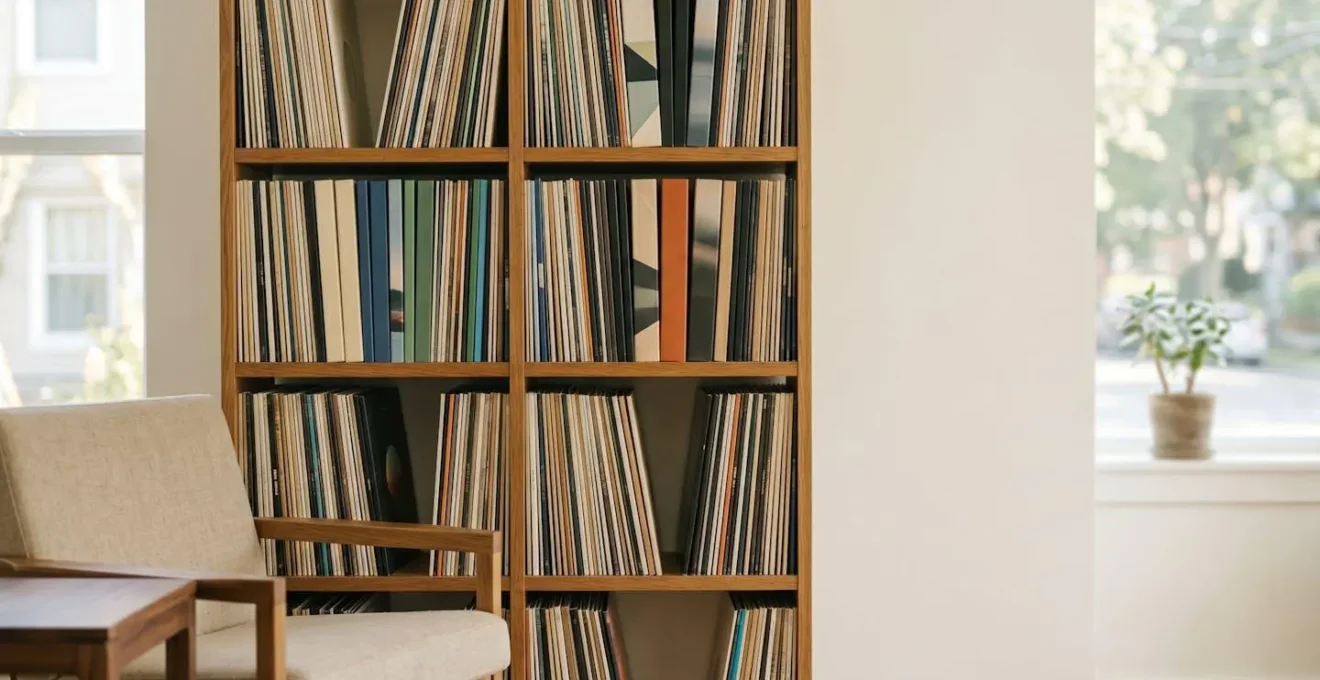 Wide environmental shot of a curated vinyl record collection stored vertically on minimalist shelving in natural window light