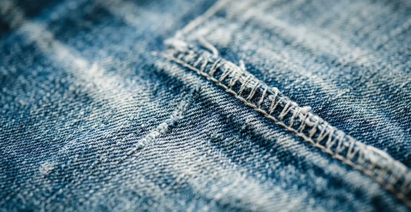 Detailed close-up inspection of vintage denim fabric showing authentic fading patterns and stitching details with natural lighting
