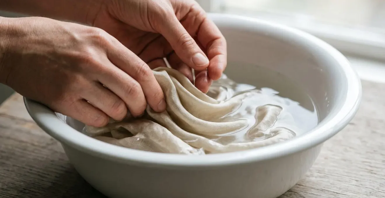Close-up of hands gently submerging a delicate vintage silk garment in a basin of cool water with natural light illuminating the fabric texture