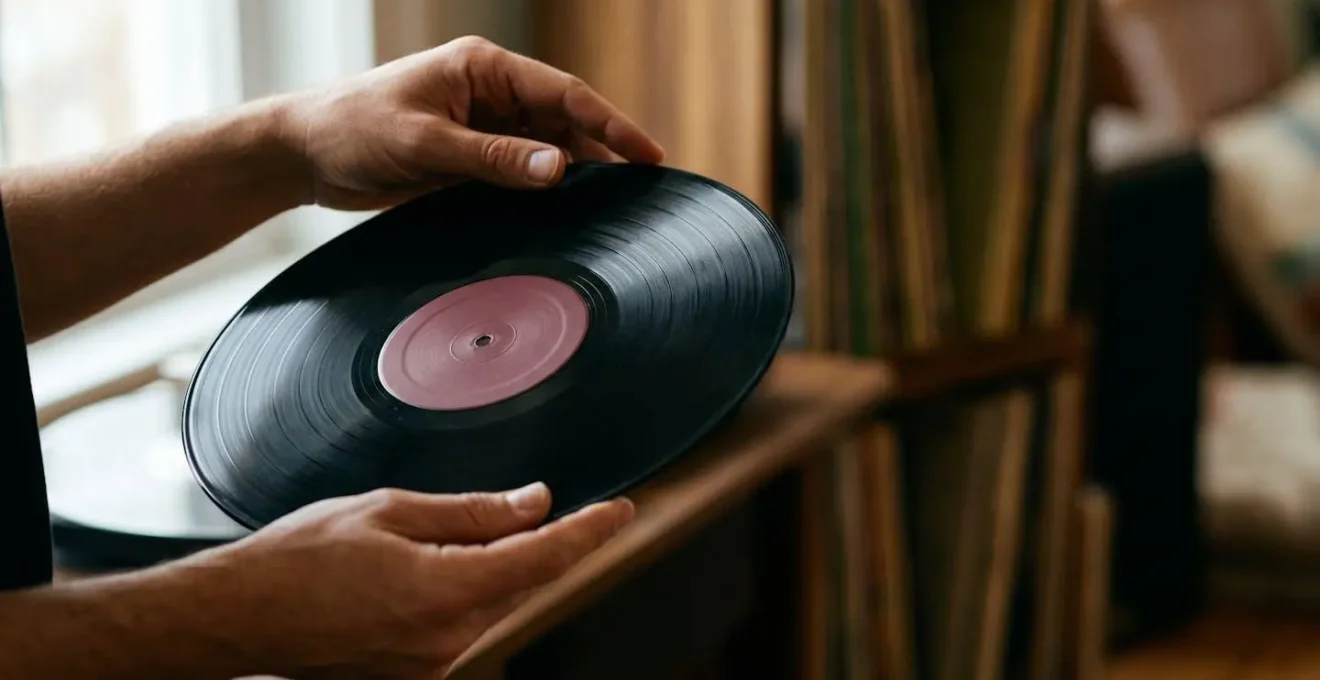 Vinyl collector carefully examining record detail in natural light showing the evaluation process