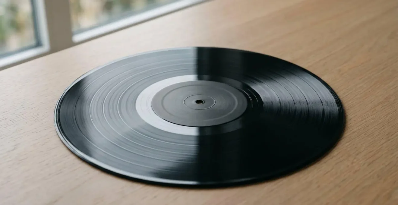 Vinyl record split showing two distinct sides representing narrative chapters and musical acts