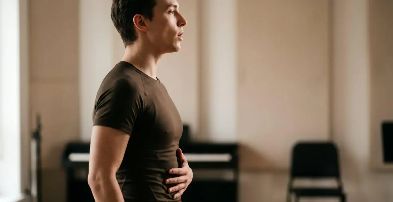 Artistic representation of proper diaphragmatic breathing technique with human silhouette showing breath support engagement